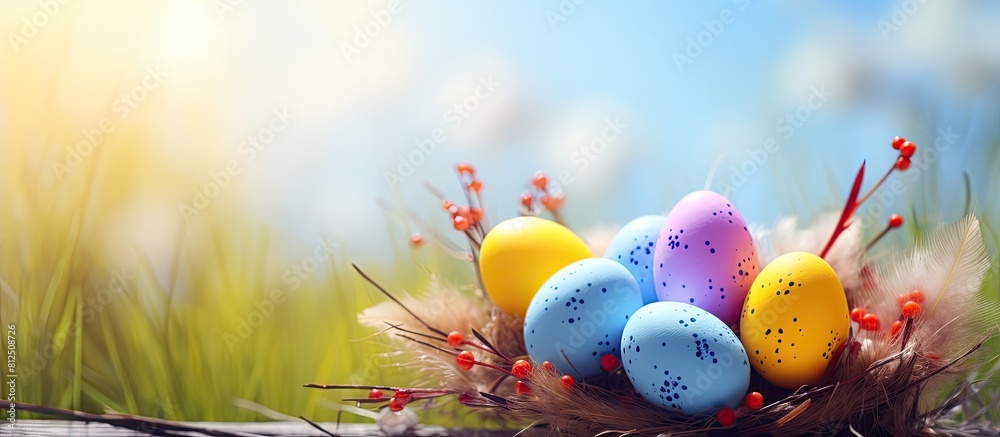 Aufkleber A sunny spring day with colorful Easter eggs adorned with feathers copy space image