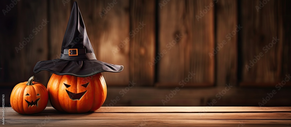 Poster a wooden surface features a halloween pumpkin jack o lantern adorned with a witch hat creating a vis
