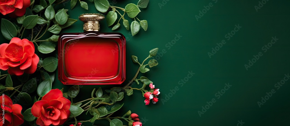 Aufkleber top view of a red perfume bottle surrounded by plant branches and roses on a green background perfec