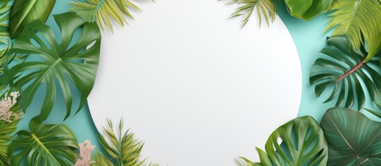 A summer themed background featuring a circular blank space surrounded by vibrant exotic leaves perfect for adding a copy space image