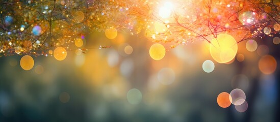 The sun casts a vibrant bokeh effect on the trees creating a colorful and enchanting copy space image