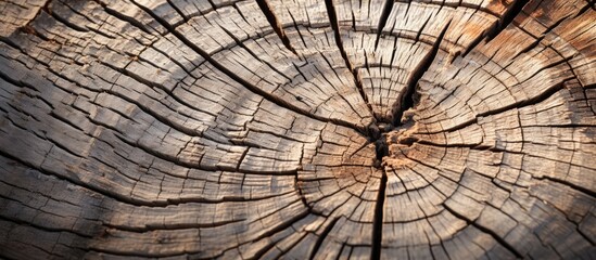 Sunlit close up macro of cracked pine tree trunk with copy space image