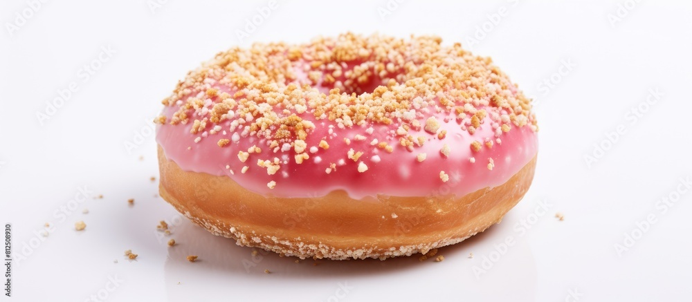 Poster A donut with a sweet taste displayed on a white background conveys a sense of celebration with its tempting appearance Copy space image