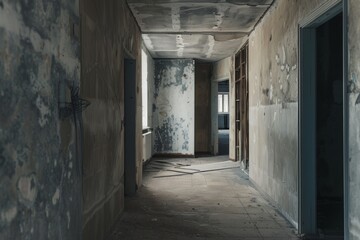 A hallway in an abandoned building, with peeling paint and a sense of decay and neglect. Generative AI