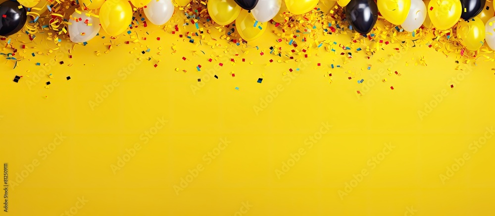 Aufkleber the party theme is brought to life with vibrant balloons confetti and a yellow background creating a