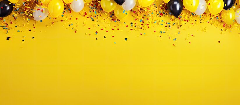 The party theme is brought to life with vibrant balloons confetti and a yellow background creating a top down frame with plenty of copy space image