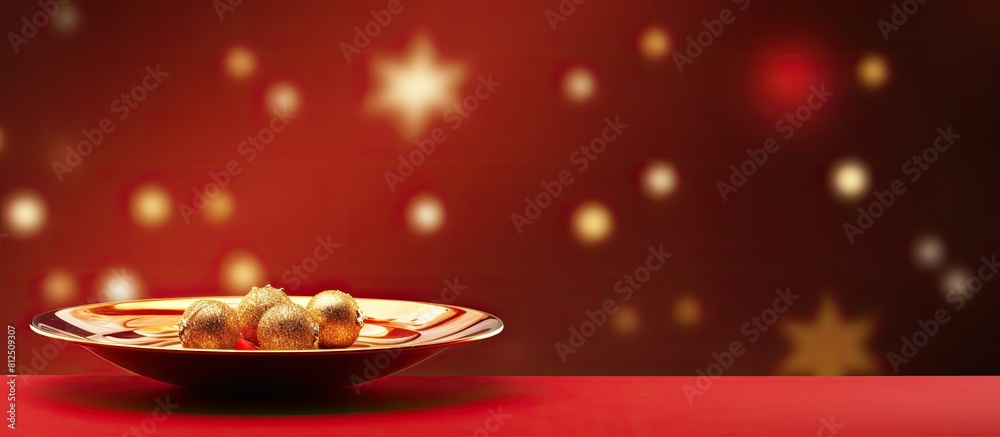 Poster A Christmas themed copy space image featuring a red saucer adorned with numerous golden stars The saucer rests on a vibrant red background and is surrounded by pine branches presented in a flat lay s