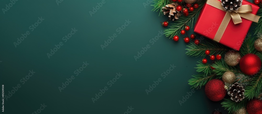 Poster top view of a christmas themed copy space image featuring a festive red background adorned with a gr