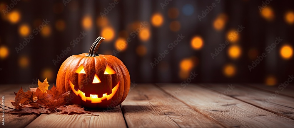Poster A Halloween themed Jack o lantern illuminated on a wooden backdrop adorned with maple leaves creating a perfect copy space image