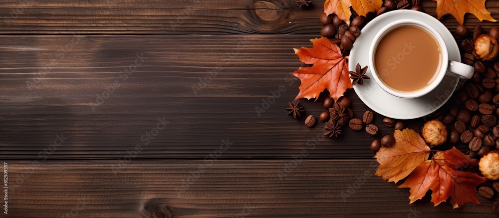 Aufkleber Autumn themed flat lay with dried leaves chestnuts and a hot coffee drink It features a cozy cafe and bar setting captured from a top view for a copy space image