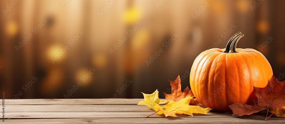 Aufkleber autumn themed pumpkin with maple leaves placed on a wooden table creating a captivating background f