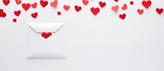 A love themed concept involving Valentine s Day featuring red hearts taken from a craft envelope placed on a white background with copy space available