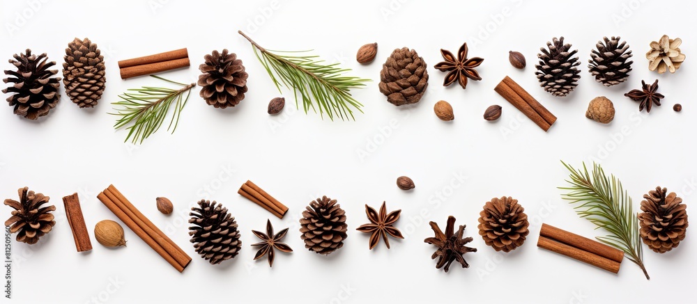 Aufkleber top down flat lay winter composition featuring branches of fir trees pine cones cinnamon sticks and 