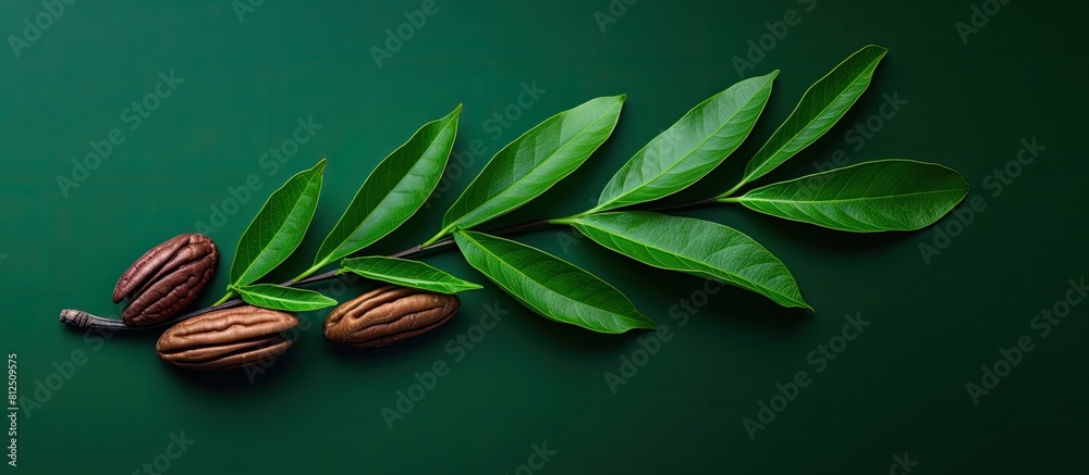 Poster Top down view of a pecan nut adorned with verdant leaves set against a white backdrop creating ample space for additional imagery