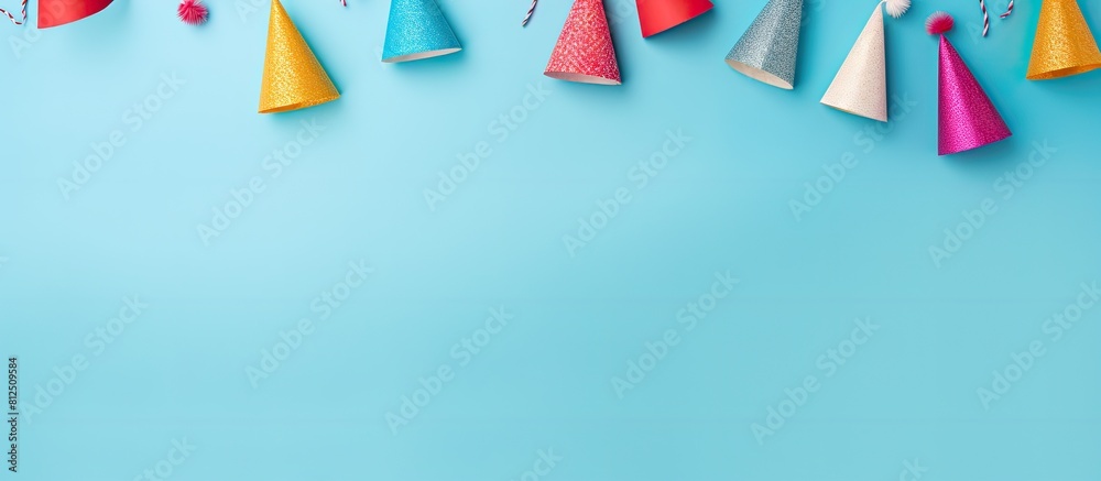 Poster a top down view of colorful birthday caps set against a vibrant blue background with ample copy spac
