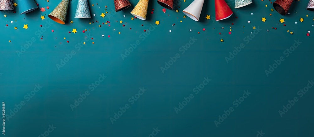 Poster a top down view of colorful birthday caps set against a vibrant blue background with ample copy spac