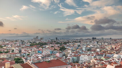 Panorama showing Lisbon famous aerial view from Miradouro da Senhora do Monte tourist viewpoint timelapse