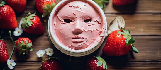 A top down close up view of homemade DIY cosmetics featuring a face mask made from strawberries and yogurt The image includes a blank card with copy space Toned