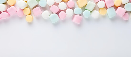A top down perspective of pastel shaped marshmallow candies scattered on a pale white table emphasizing the availability of copy space for an image