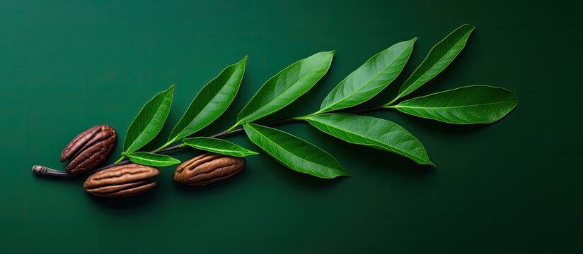 Top down view of a pecan nut adorned with verdant leaves set against a white backdrop creating ample space for additional imagery