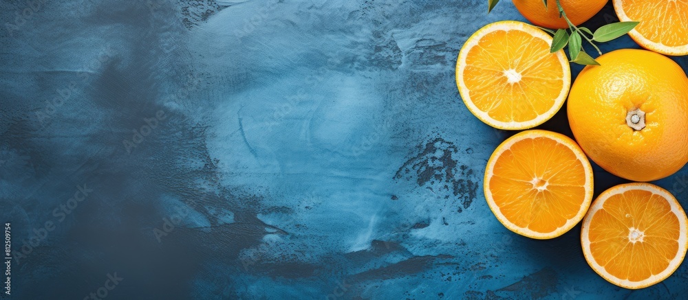 Aufkleber A top down view of ripe juicy oranges The oranges have been cut in half and are displayed on a blue concrete background A wooden reamer is visible in the image. Creative banner. Copyspace image