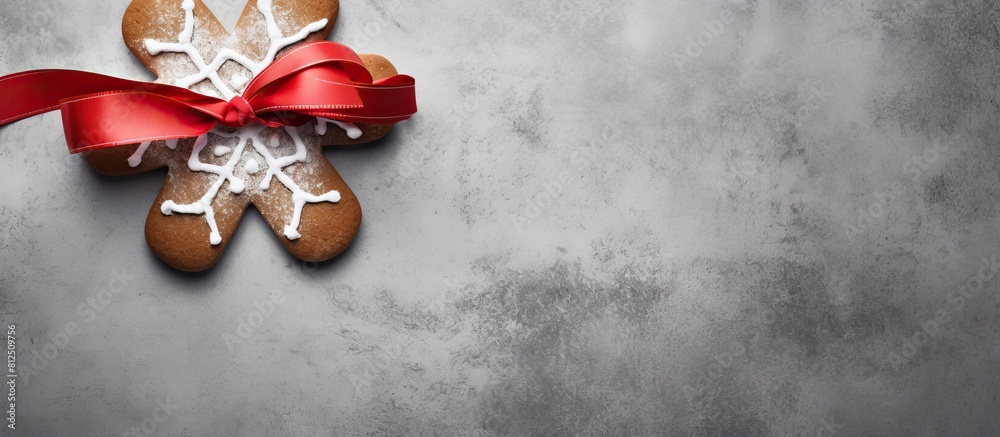 Aufkleber A top down view of a gingerbread cookie shaped like a snowflake with a red ribbon placed on a gray concrete background It s perfect for a Christmas card or recipe creating a festive atmosphere with a