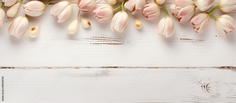 Poster A top down view of a white wooden table adorned with tulip bulbs in autumn creates an enchanting background perfect for a copy space image