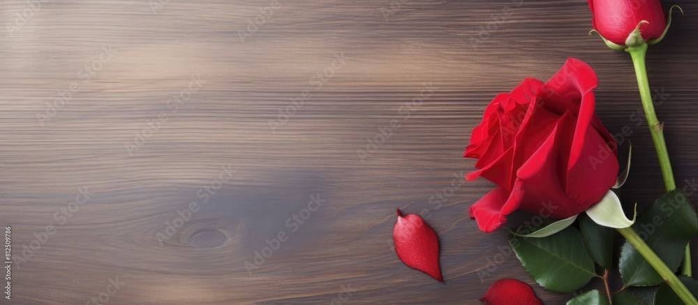 Poster a top down view of a valentine s day composition featuring a rose flower and a red heart placed on a