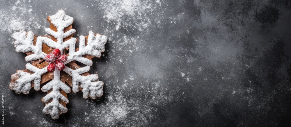 Aufkleber A top down view of a gingerbread cookie shaped like a snowflake with a red ribbon placed on a gray concrete background It s perfect for a Christmas card or recipe creating a festive atmosphere with a