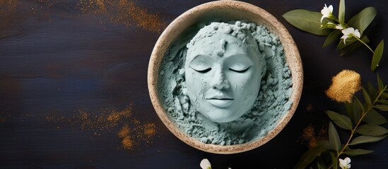 A top down view of a spa setting showcasing a soothing blue clay mask for the face and body with ample copy space available in the image