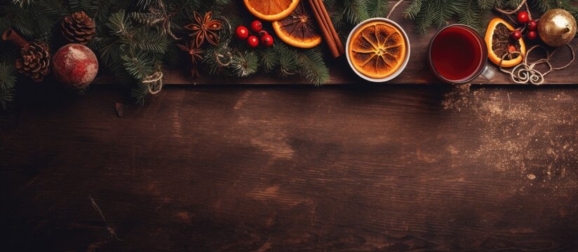 A top down view of a Christmas greeting card showcasing a festive scene with mulled wine an xmas tree and ample space for personalized greetings