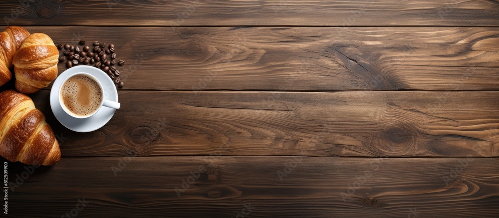 Poster A top down view of a wooden table adorned with fresh croissants and a cup of coffee with ample space for additional elements