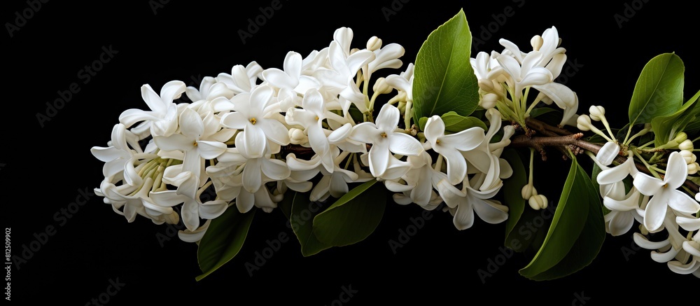 Poster top view of a white lilac against a black backdrop providing ample copy space for text