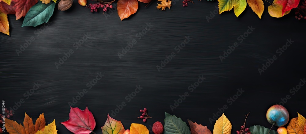 Aufkleber top view of an autumn composition featuring colorful leaves arranged on a blackboard copy space is a