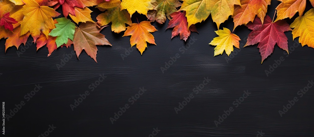 Poster Top view of an autumn composition featuring colorful leaves arranged on a blackboard Copy space is available for additional elements