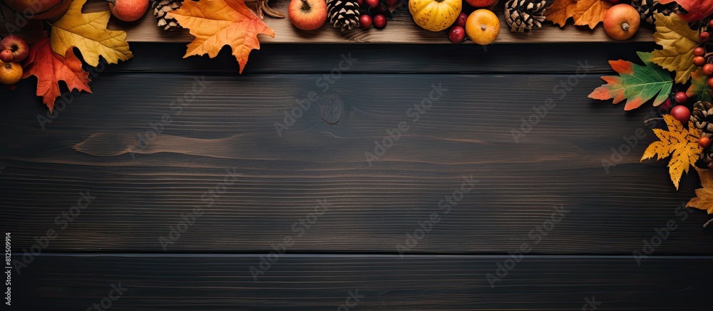 Poster Top view of a blackboard adorned with Autumn decorations on a wooden frame The image is toned with plenty of space available for your text. Creative banner. Copyspace image
