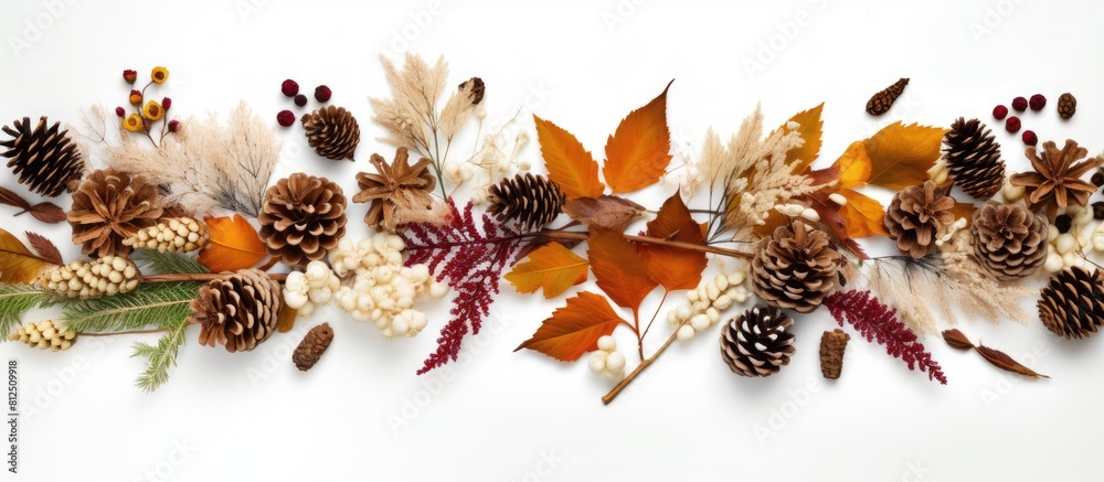 Poster top view of a white background adorned with a fall themed composition the arrangement includes dried