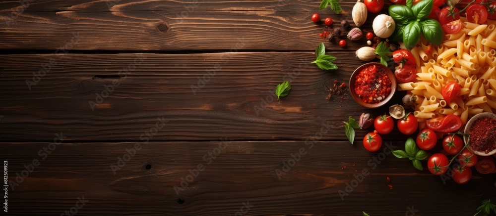 Poster top view of an italian tomato pasta dish with vegetables and spices on a wooden background perfect f
