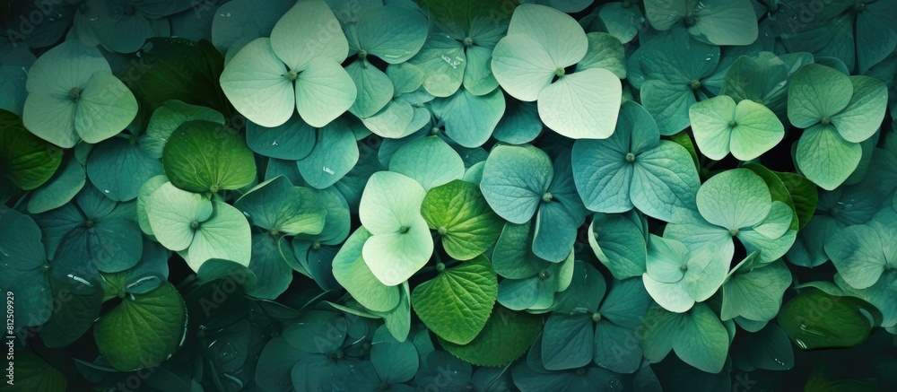 Leinwandbilder top view of emerald and green hydrangea flowers on an artistic ink background creating a creative an