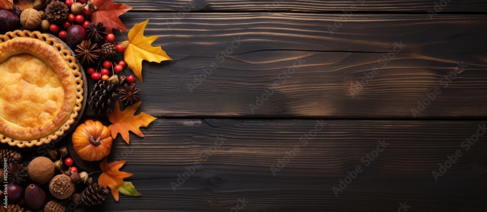 Poster top view of an autumn themed background featuring a present box oak leaves acorns pines and fruit ga