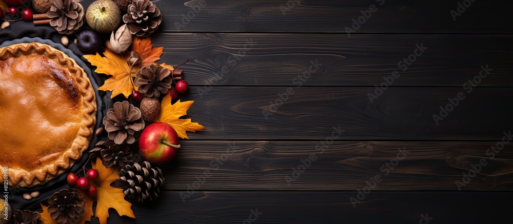 Poster top view of an autumn themed background featuring a present box oak leaves acorns pines and fruit ga