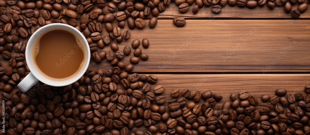 Aufkleber a top view of hot coffee and coffee beans arranged on a wooden background is displayed in the copy s