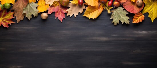 Top view of an autumn composition featuring colorful leaves arranged on a blackboard Copy space is available for additional elements