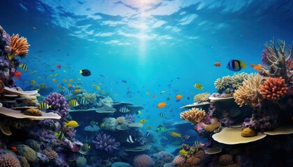 Fototapeta premium Tropical fish in the underwater, coral reef, amazing underwater life, various fish and exotic coral reefs, ocean wild creatures background