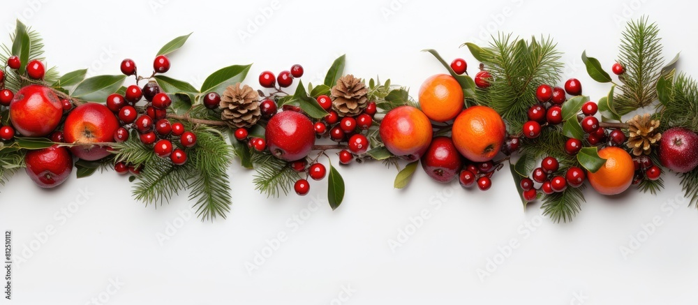 Poster Top view of a Christmas garland close up with a white background suitable for a copy space image