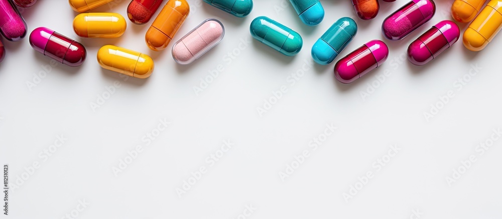 Poster Top view of colorful capsules near a pill bottle creating a vibrant composition The white background provides a clean and spacious area for text or other graphics in the image. Creative banner