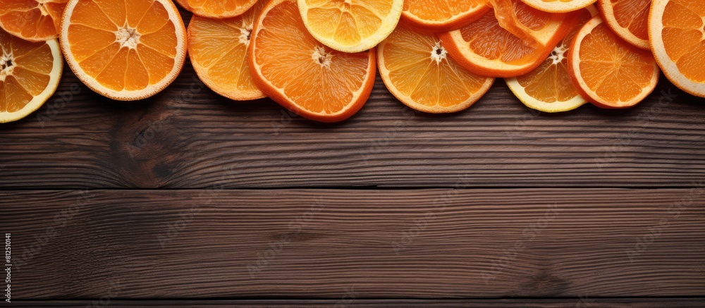 Poster Top view of orange chips and dried orange slices arranged on a wooden background The horizontal copy space image showcases the vibrant colors of the citrus fruit in a visually appealing flat lay comp