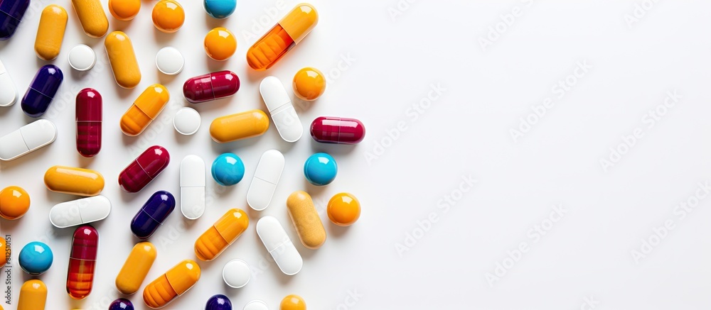 Poster Top view of colorful capsules near a pill bottle creating a vibrant composition The white background provides a clean and spacious area for text or other graphics in the image. Creative banner