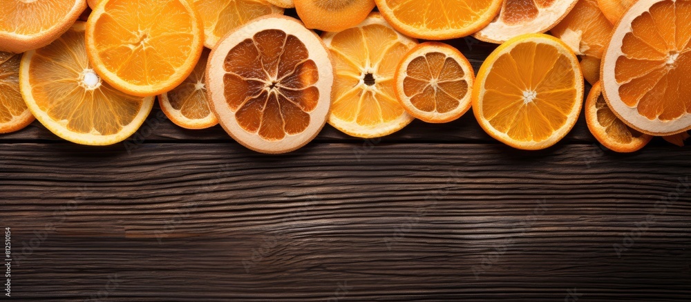 Poster Top view of orange chips and dried orange slices arranged on a wooden background The horizontal copy space image showcases the vibrant colors of the citrus fruit in a visually appealing flat lay comp