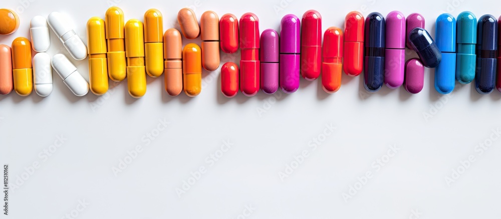 Poster Top view of colorful capsules near a pill bottle creating a vibrant composition The white background provides a clean and spacious area for text or other graphics in the image. Creative banner
